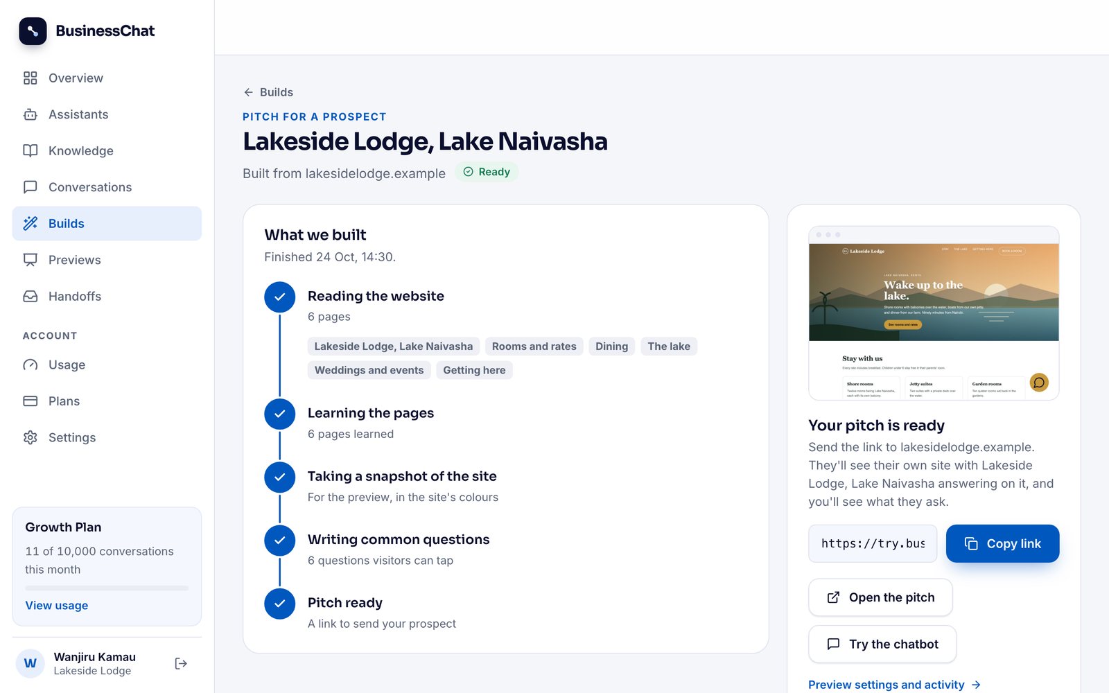 The finished build: all five steps ticked, a snapshot of the hotel's website and a "Your pitch is ready" card with the link and a Copy link button