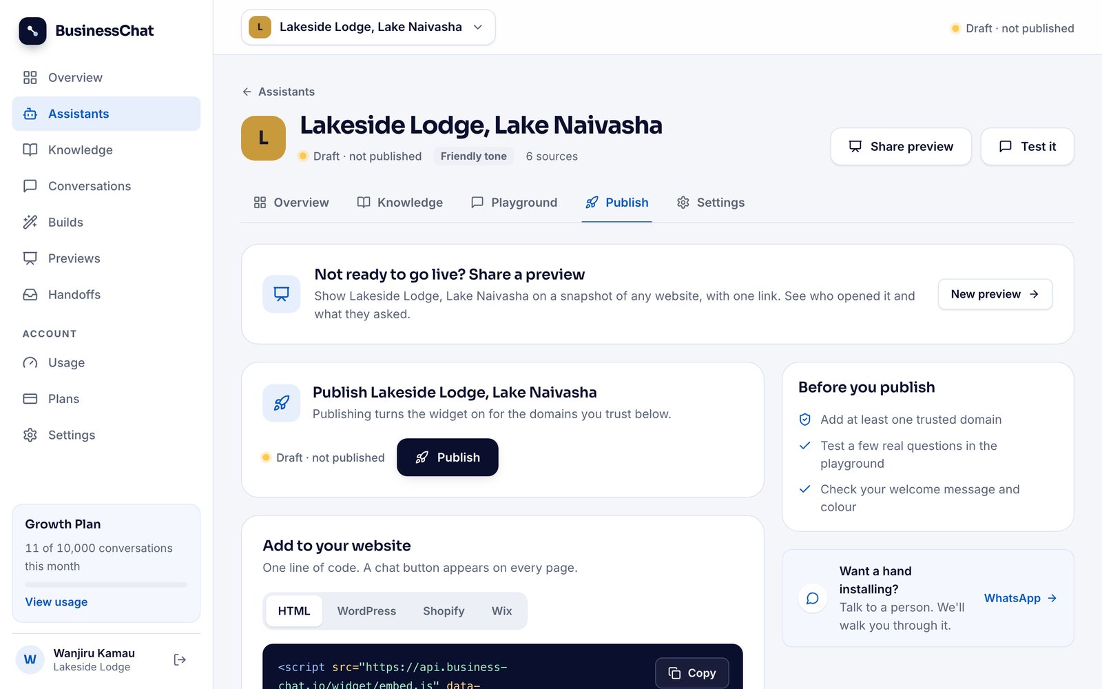 The Publish tab: a Publish button, the "Add to your website" card with HTML, WordPress, Shopify and Wix tabs, and the one-line code