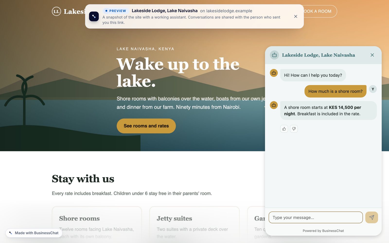 The pitch page: the Lakeside Lodge website with the chat open in the site's own gold and green. Asked "How much is a shore room?", it answers "A shore room starts at KES 14,500 per night. Breakfast is included in the rate."