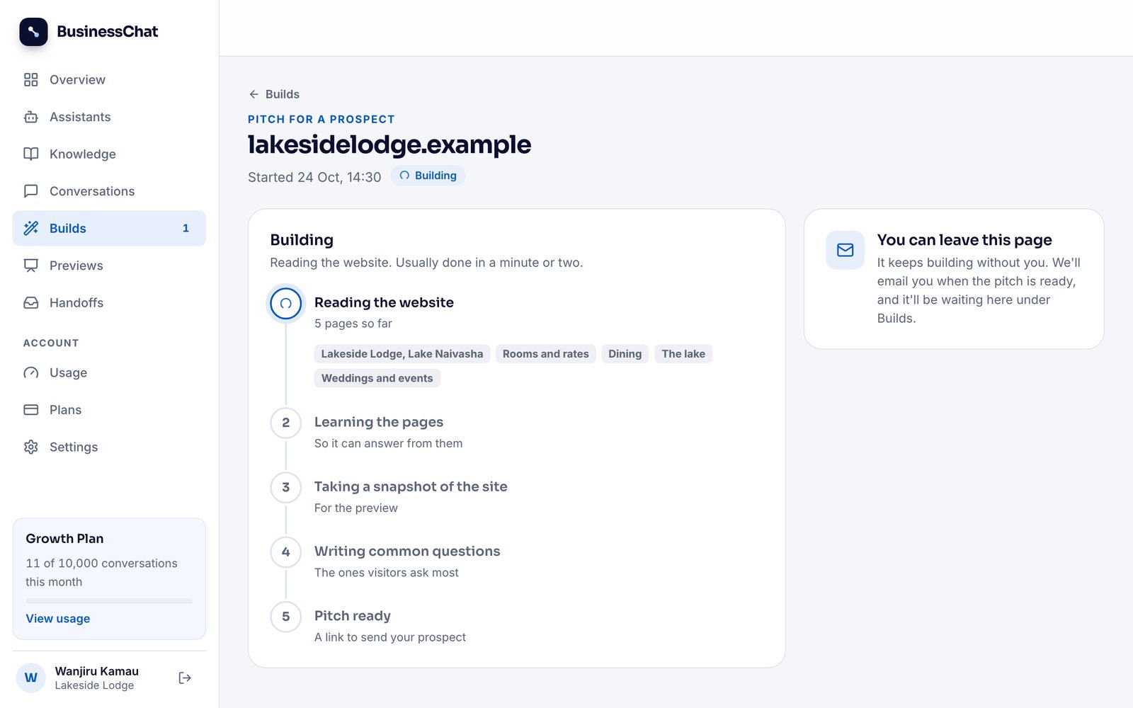 The build's progress page: six pages read and learned, with their titles shown, and the snapshot of the site being taken