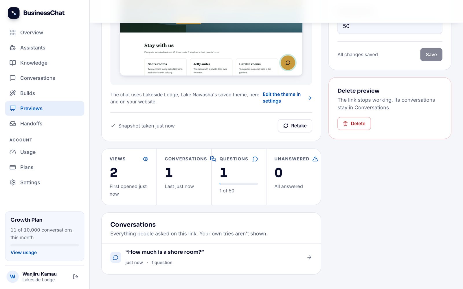 The pitch's activity: views, conversations, questions and unanswered counts, and the question "How much is a shore room?" in its conversation list