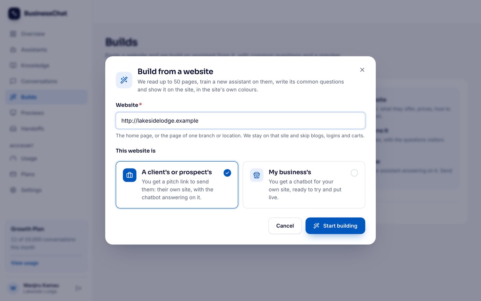The "Build from a website" dialog with the Lakeside Lodge address filled in and "A client's or prospect's" selected